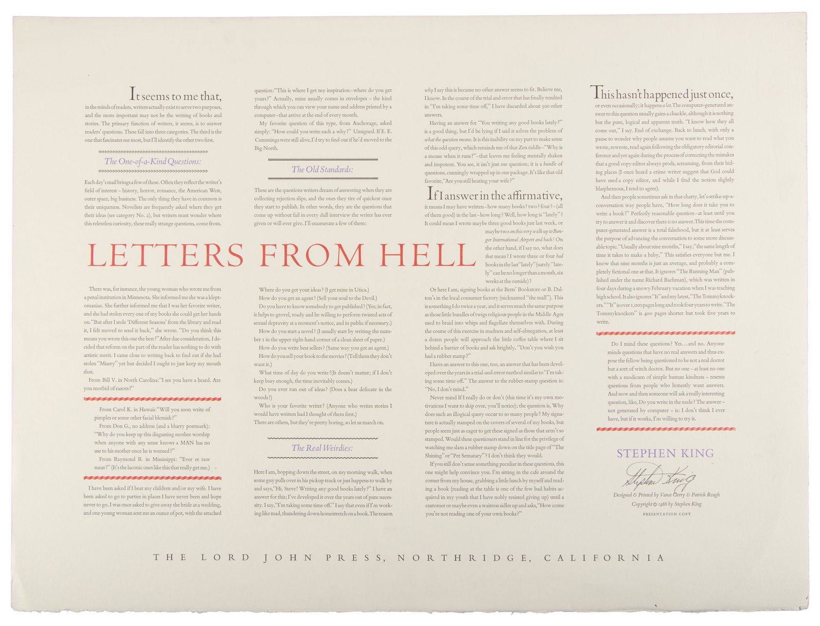 Signed by Stephen King: Heading: Author: King, Stephen Title: Letters From Hell Place Published: Northridge, CA Publisher:Lord John Press Date Published: 1988 Description: Broadside printed in red and
