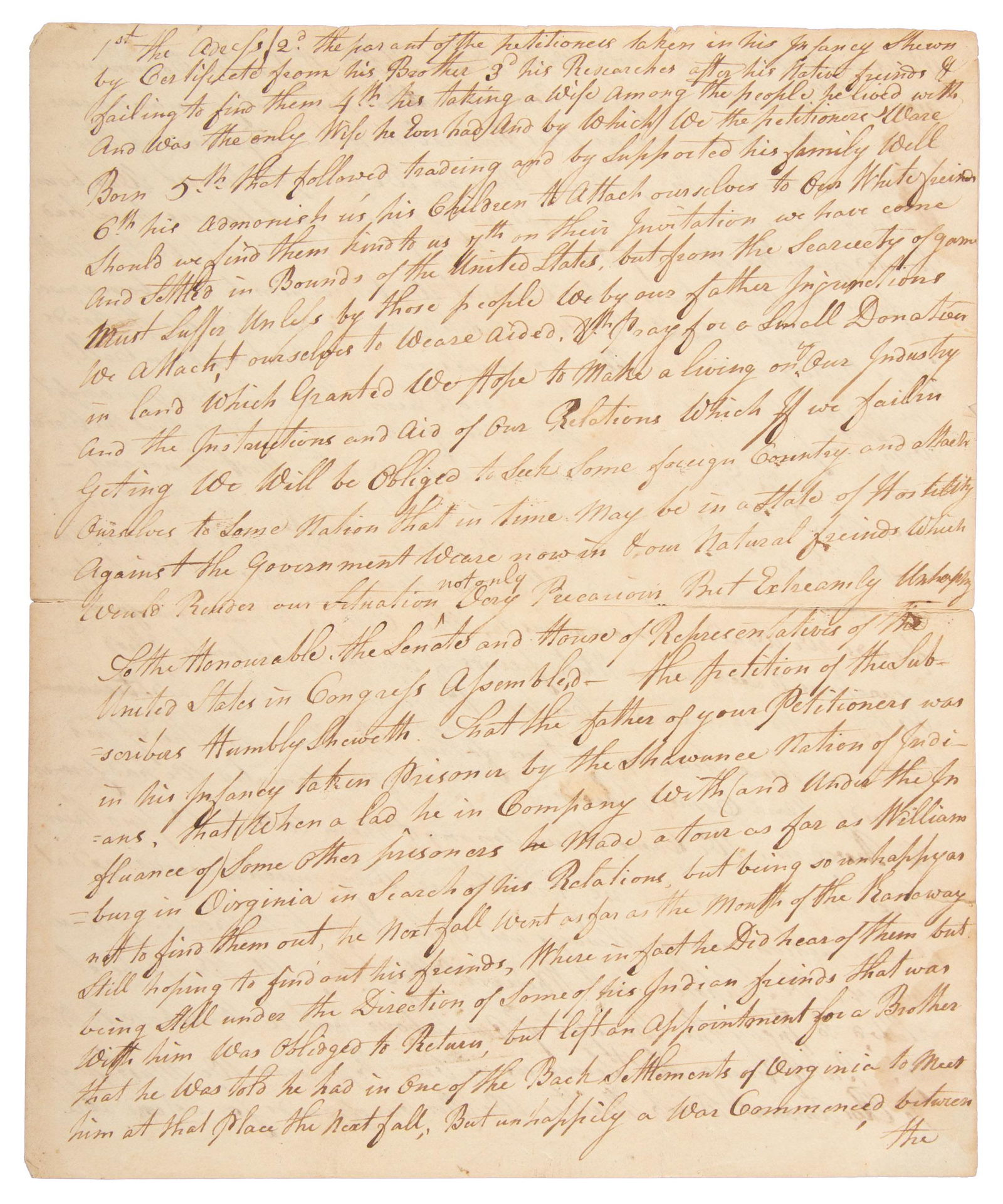 Appeal to Congress from family of Shawnee kidnapped man: Heading: (Native Americans) Author: Title: Manuscript Appeal to Congress by Children of John Ward “White Wolf” for Donation of Land Place Published: Publisher: Date Published: c. 1790s <
