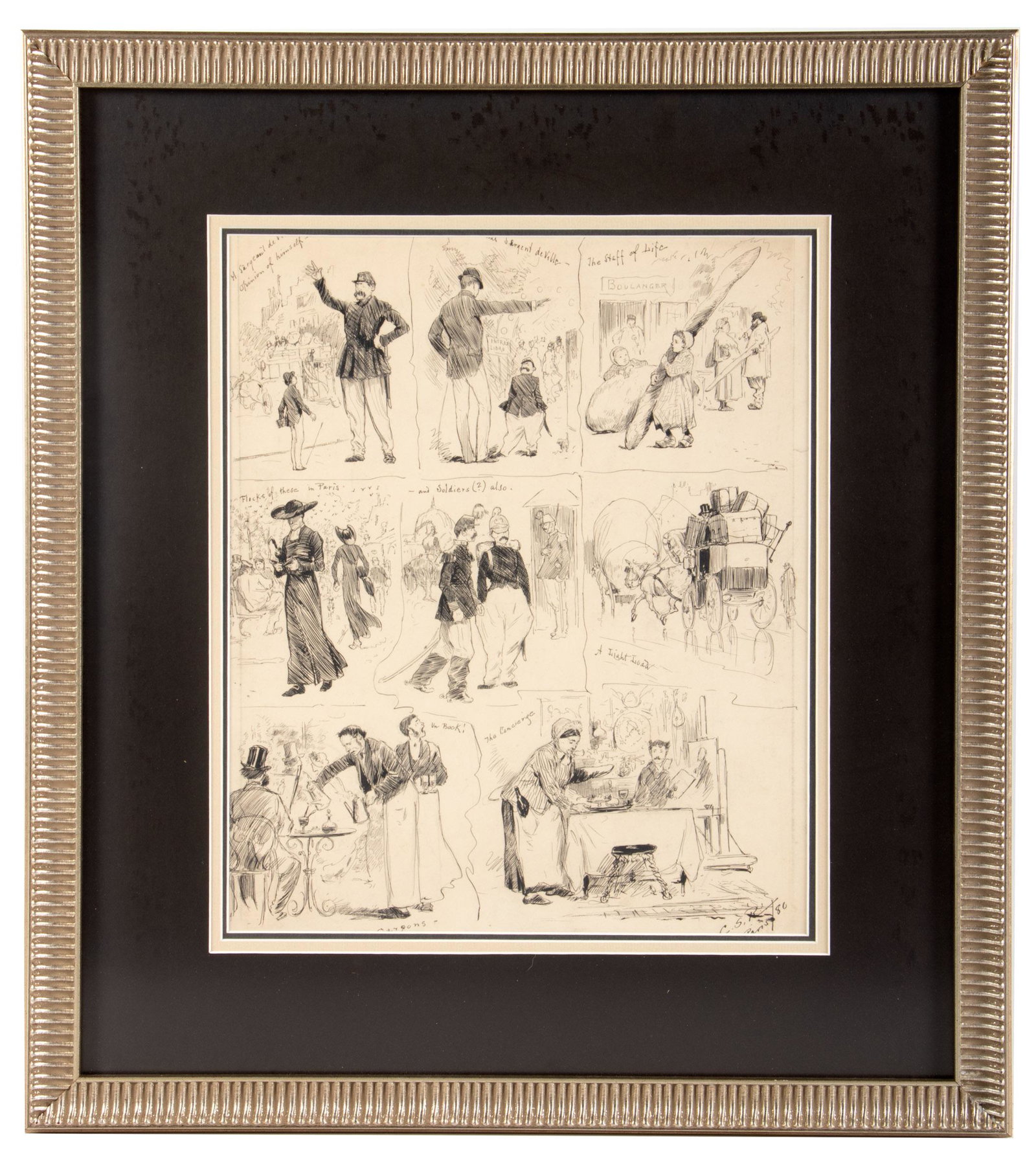 Parisian vignettes by C.S. Reinhart: Heading: Author: Reinhart, Charles Stanley Title: [Vignettes in Paris] Place Published: No place Publisher: Date Published: 1880 Description: Original drawing in pencil, pen and