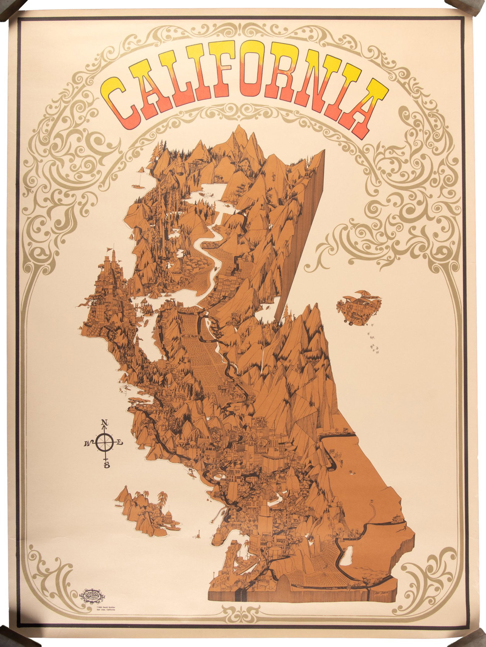 Psychedelic pictorial map of California: Heading: Author: Johnson, John F. Title: California Place Published: San Jose, CA Publisher:David Schiller / Sparta Graphics Date Published: 1968 Description: Silkscreen pictori
