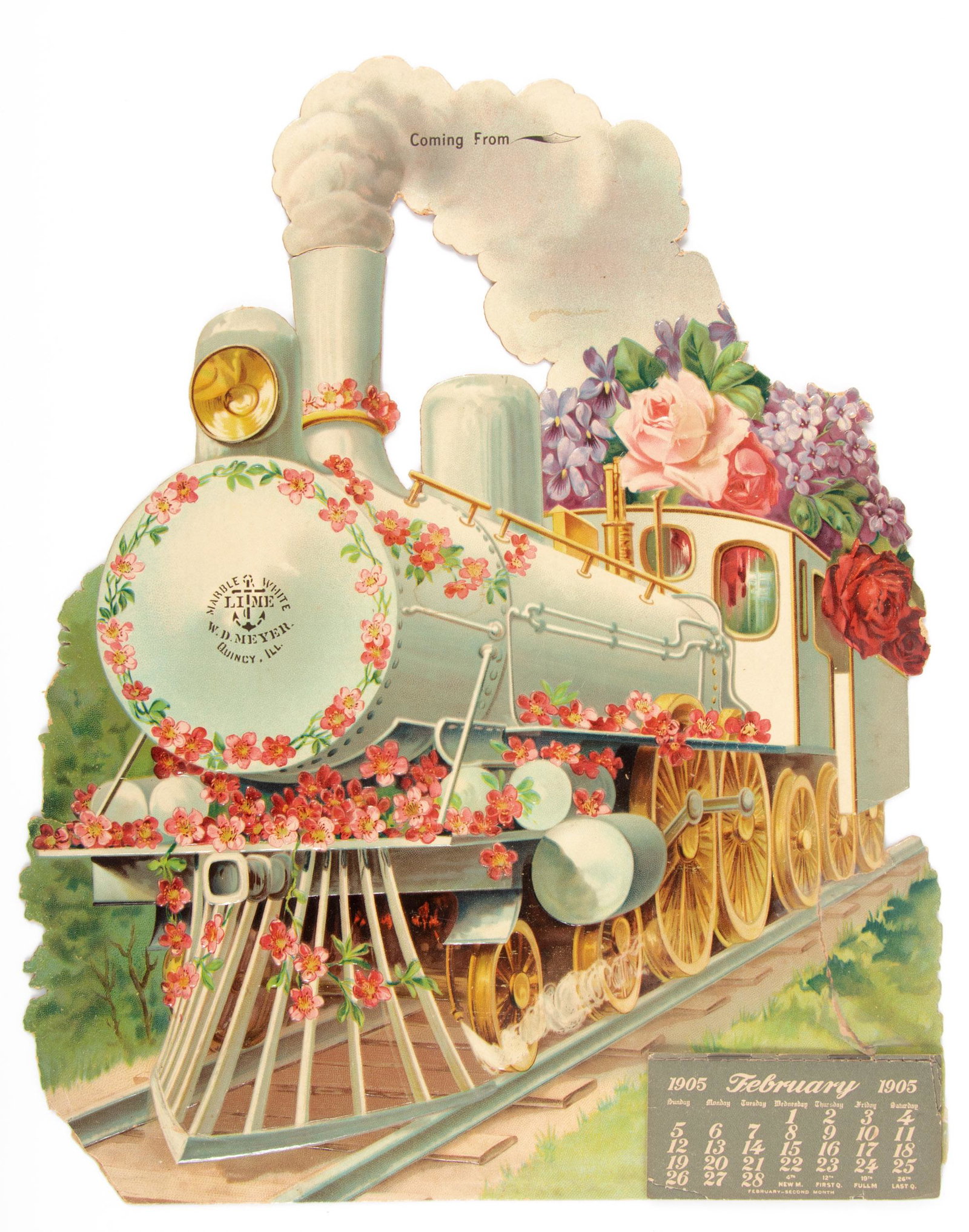 Pair of die-cut Locomotive calendars: Heading: (Calendars) Author: Title: Pair of Victorian Valentine calendars Place Published: Various places Publisher:Various publishers Date Published: 1905, 1913 Description: 5