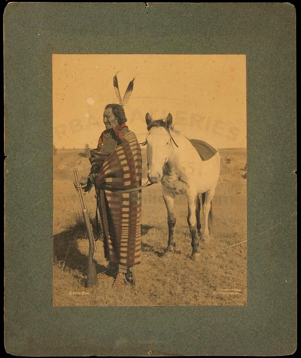 Hand-tinted photograph of Lakota Chief Crow Dog: Title: Hand-tinted photograph of Lakota Chief Crow Dog Author: Anderson, J[ohn] A. Description: Hand-tinted photograph, approximately 8½x6½ on a larger stiff mount.Crow Dog was tried and convicted o