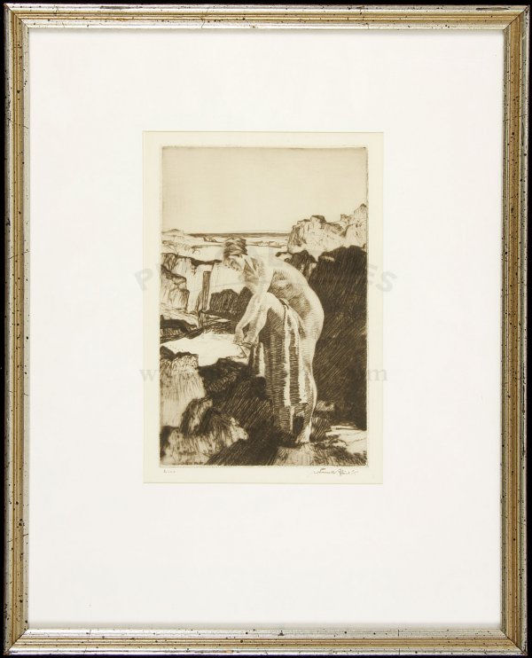 Original etching by William Russell Flint: Title: Celinda's Precaution - original etching Author: Flint, William Russell Description: Etching on J. Watman paper. 7¼x4½ plus margins, matted & framed under plexiglass. Numbered LXXV (of 75) and