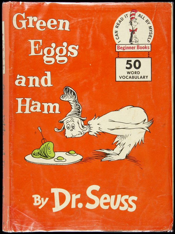 Green Eggs and Ham 1st issue in dj: Title: Green Eggs and Ham Author: Seuss, Dr. Description: Color illustrations throughout by Dr. Seuss. 9x6½, color pictorial boards, color pictorial endpapers; color pictorial jacket. First Edition,