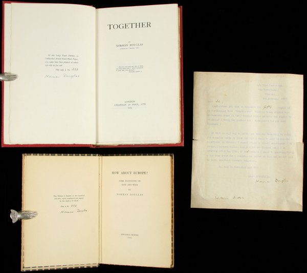 2 books by Norman Douglas, 1 signed letter: Title: Two volumes by Norman Douglas and a signed letter Author: Douglas, Norman Description: Includes: How About Europe? Some Footnotes on East and West. 7¾x5¼, boards, paper spine label. One of 55