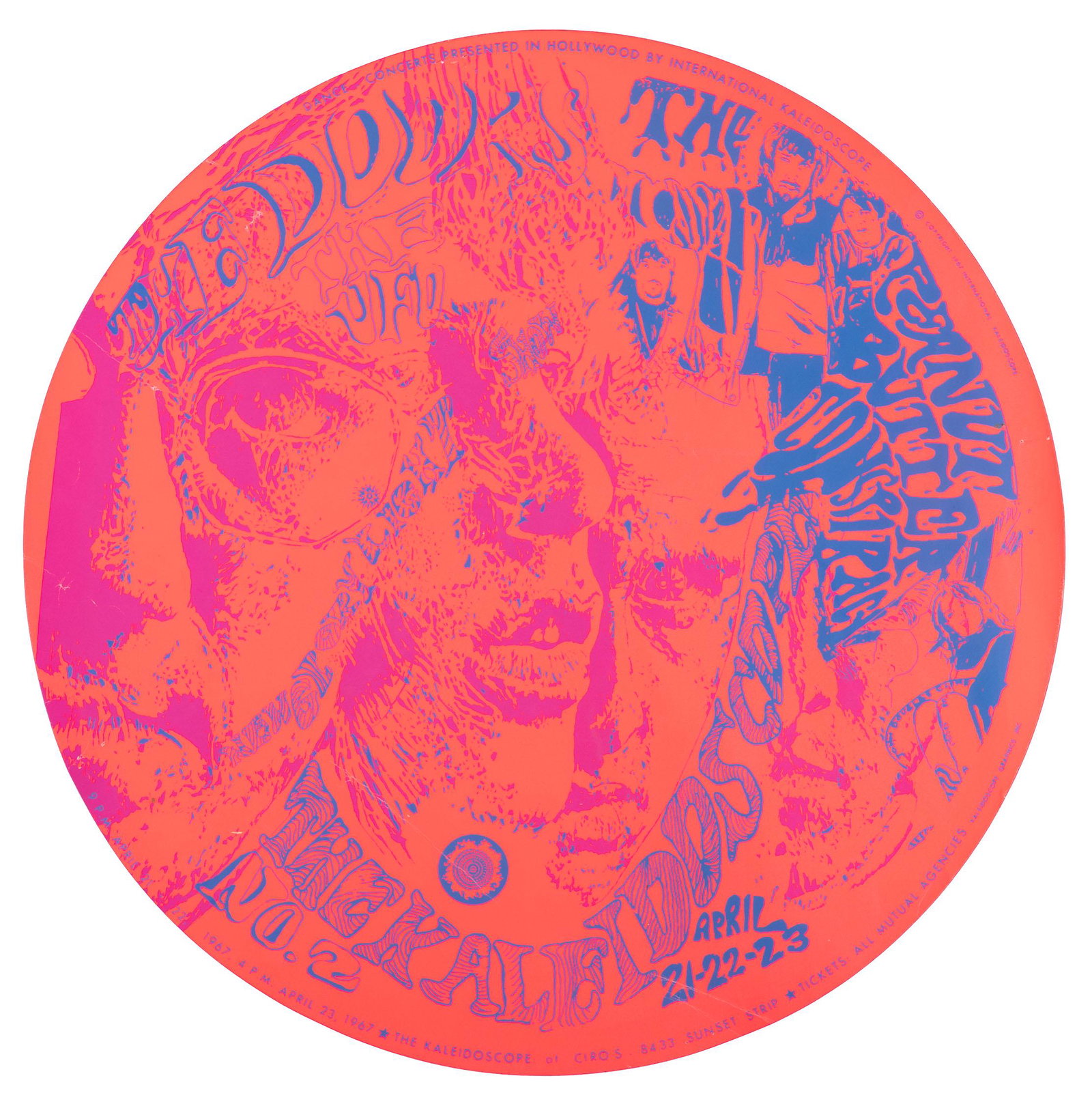 Round poster for the Doors at the Kaleidoscope: Heading: (Rock Posters) Author: Title: The Doors / The Peanut Butter Conspiracy at the Kaleidoscope - round concert poster Place Published: Los Angeles Publisher:The Kaleidoscope Date Published: