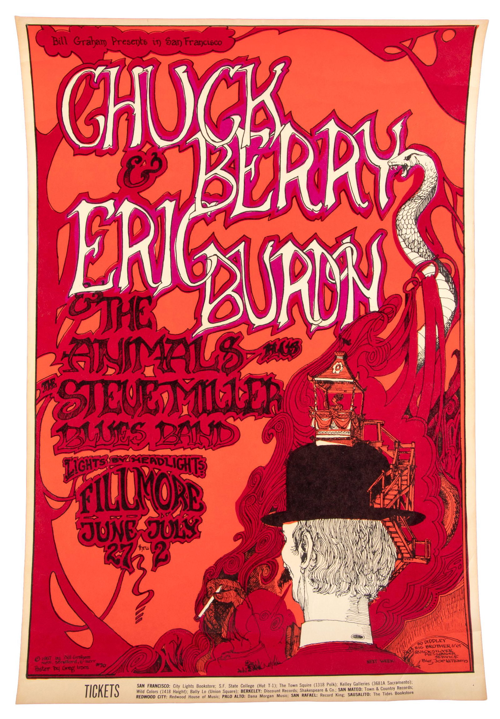 Berry, Burdon, & Miller at the Fillmore, 1967: Heading: (Rock Posters) Author: Irons, Greg Title: Bill Graham Presents in San Francisco: Chuck Berry / Eric Burdon & the Animals plus the Steve Miller Blues Band June 27-July 2 Place Published: San F