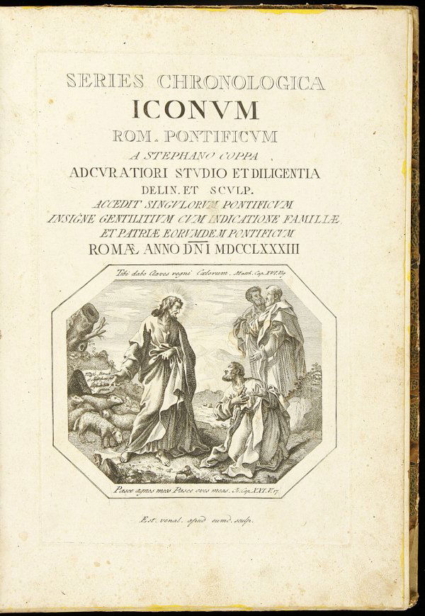 Popes' portraits, engr. 1783 Stephano Coppa: Title: Series Chronologica Iconum Rom. Pontificum Author: Coppa, Stephano Description: 30 leaves. Title page + 19 plates of engraved circular portraits (usually 15 roundels per leaf) + 3 blank leaves