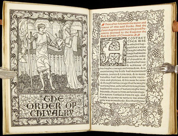 The Order of Chivalry Kelmscott Press: Title: The Order of Chivalry Author: [Lull, Ramon] Description: [iv], 151 pp. Wood-engraved frontispiece after Edward Burne-Jones, ornamental woodcut borders and initials. (8vo) 8x5½, original full l