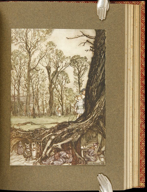 Peter Pan in Kensington Gardens Finely Bound: Title: Peter Pan in Kensington Gardens Author: Barrie, J.M. Description: xii, 126 pp. 50 color plates tipped to stiff brown paper, captioned tissue guards. 9¾x7¼, rebound in full red polished calf,