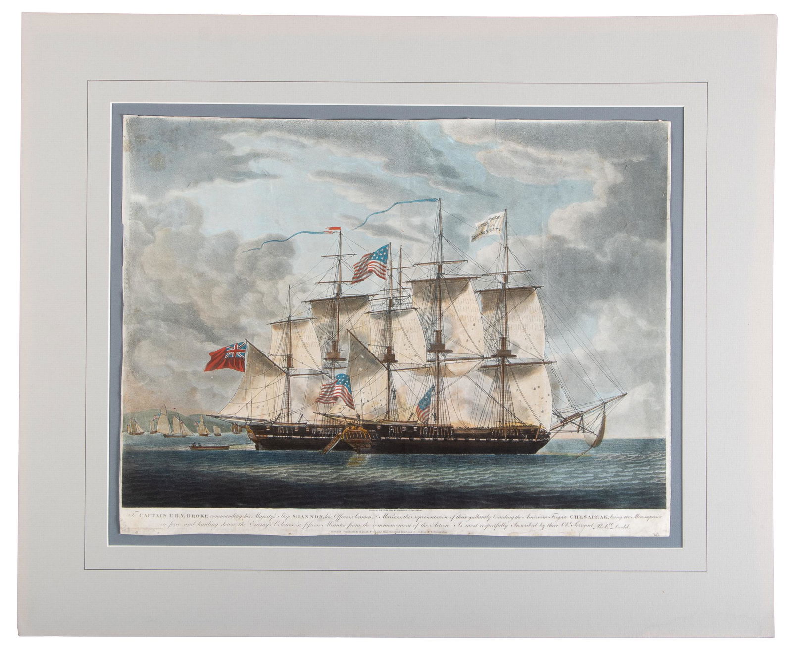 Hand-colored aquatint, War of 1812 at sea (1 of 2)