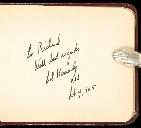 Album of political autographs: Title: Autograph album containing signatures of Robert F. Kennedy, Ted Kennedy, Lyndon B. Johnson and other political figures Author: ** Description: Autograph album. 4½x5¾, padded leather covers.Co