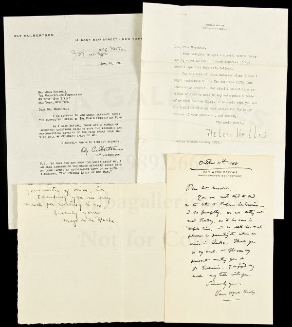 Four autographs - Helen Keller and Others: Title: Autographs of Helen Keller, Ely Culbertson, Mazo de la Roche, and Van Wyck Brooks Author: ** Description: Includes: 1 page TLs from Helen Keller declining a request to lend her name in support