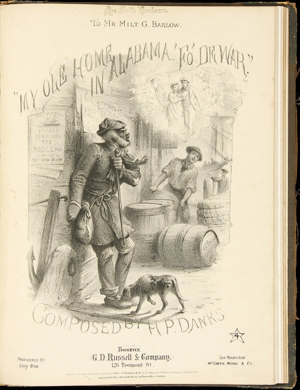 Sheet music from 1870s w/a few African-Amer illus: Title: Bound volume of American sheet music from the 1870s Author: ** Description: 39 pieces of sheet music from America in the 1870s, bound as one volume by H. Hoster book binder of Sacramento, Calif