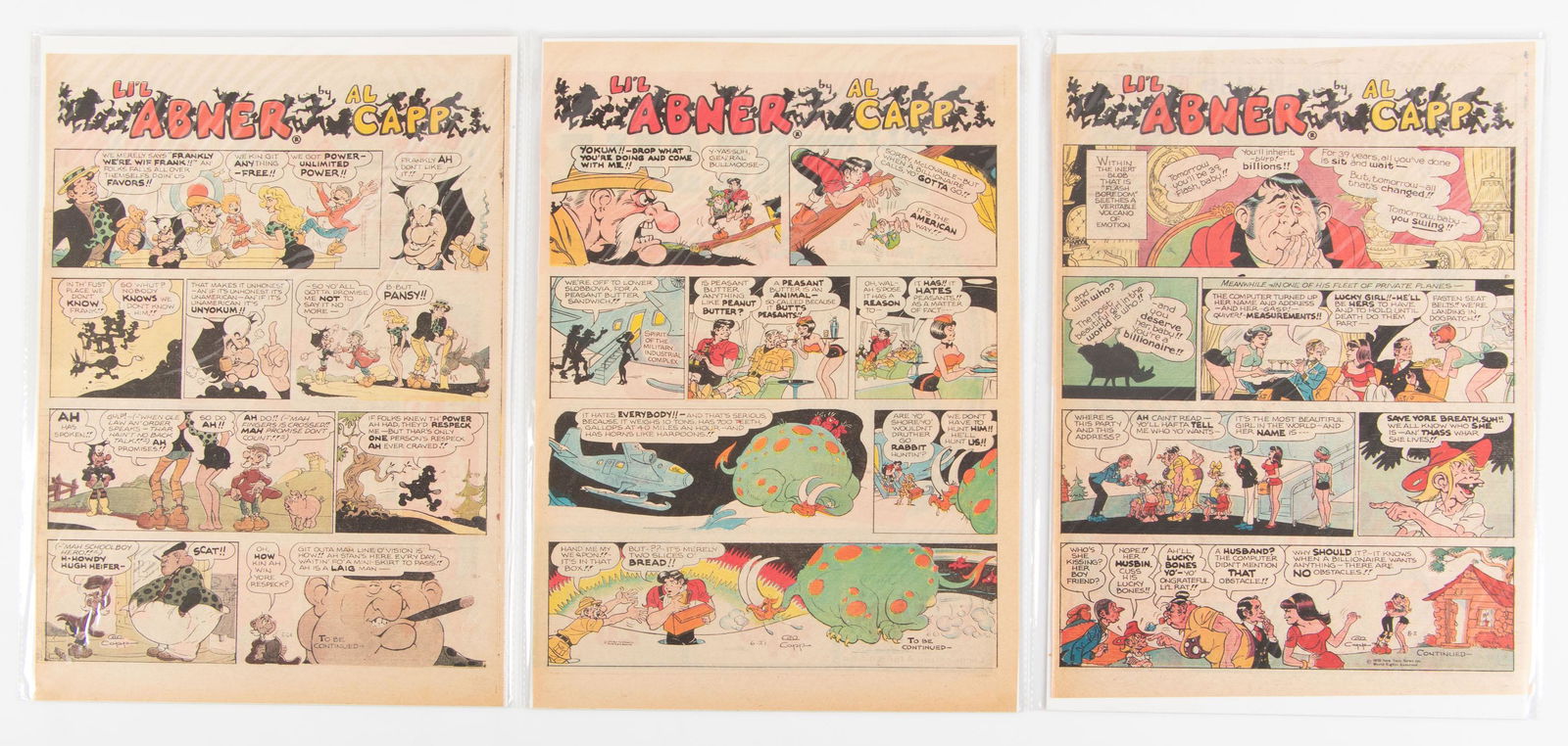 Li'l Abner by Al Capp. Lot of 10 Sunday strips * 1970s: Heading: Author: [Comic Strips] Title: Li'l Abner. Lot of Ten Color Sunday Strips Place Published: Publisher: Date Published: c.1970 Description: Li'l Abner by Al Capp. Lot of