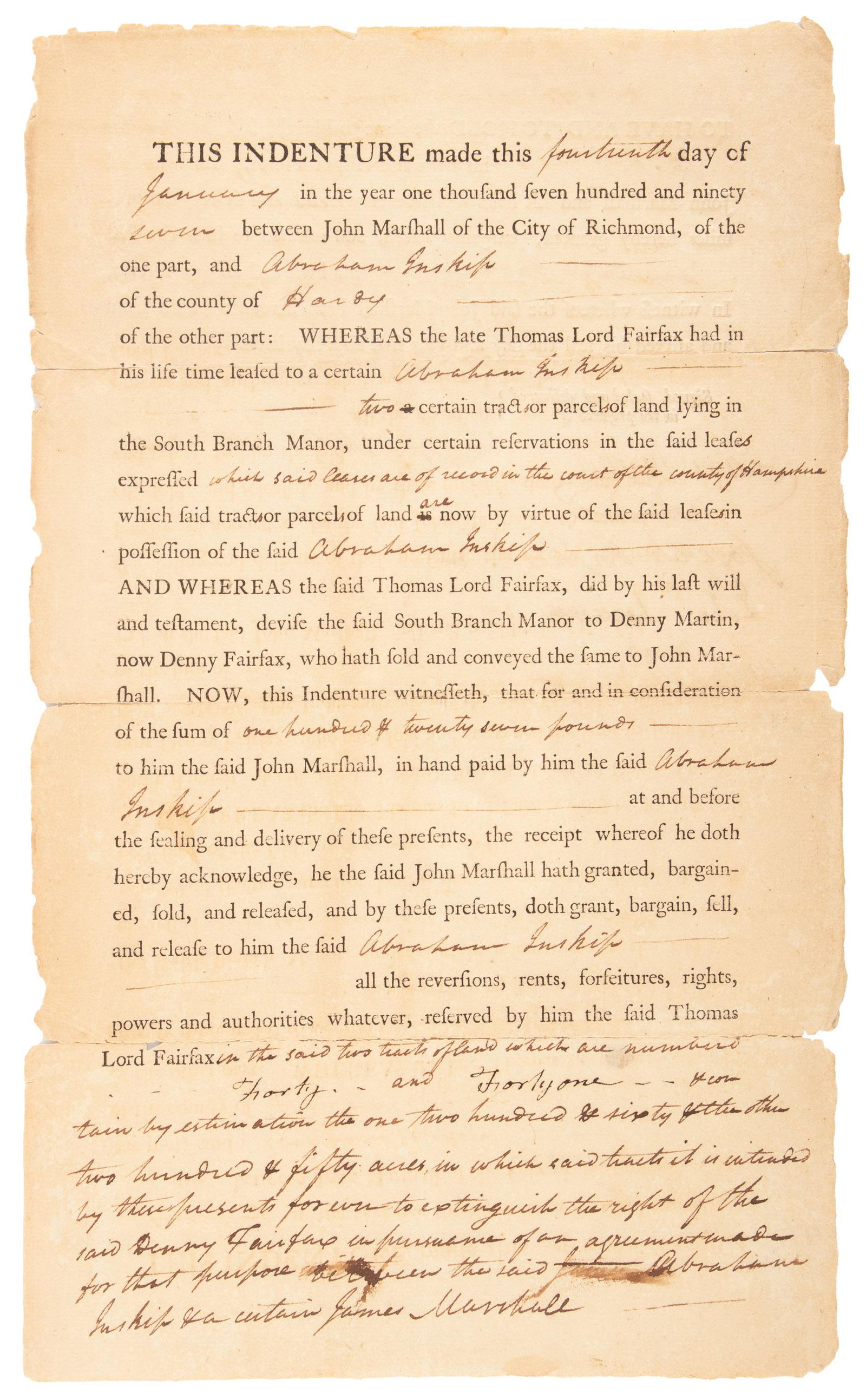 Indenture document twice signed by John Marshall 1797: Heading: (Marshall, John) Author: Title: Indenture document twice signed by John Marshall Place Published: Richmond, MA Publisher: Date Published: 1797 Description: Printed and