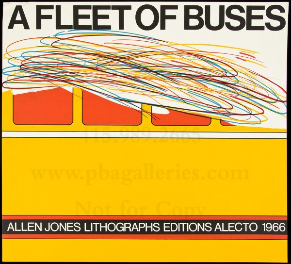 Chromolithograph poster Allen Jones art show: Title: A Fleet of Buses: Allen Jones Lithographs Editions Alecto 1966 Author: ** Description: Chromolithograph poster for A Fleet of Buses: Allen Jones Lithographs Editions Alecto 1966. 20¼x22. Headi