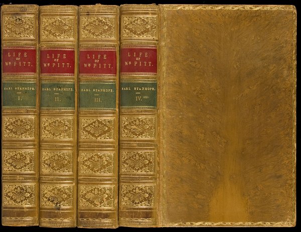 Stanhope Life of William Pitt 4 vols leatherbound: Title: Life of the Right Honourable William Pitt Author: Stanhope, Philip Henry, 5th Earl Stanhope Description: 4 volumes. Engraved frontispieces in Vols. I & III. 7½x4¾, period full polished tree c