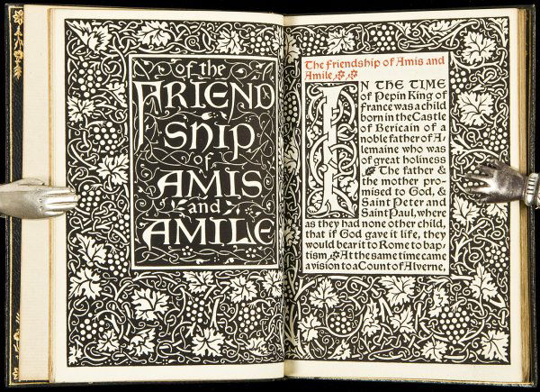 Kelmscott Press Amis and Amile 1/500: Title: Of the Friendship of Amis and Amile Author: ** Description: 67 pp. Translated from the ancient French by William Morris. Woodcut initials & title-page; shoulder notes in red. 5¾x4½, full moro