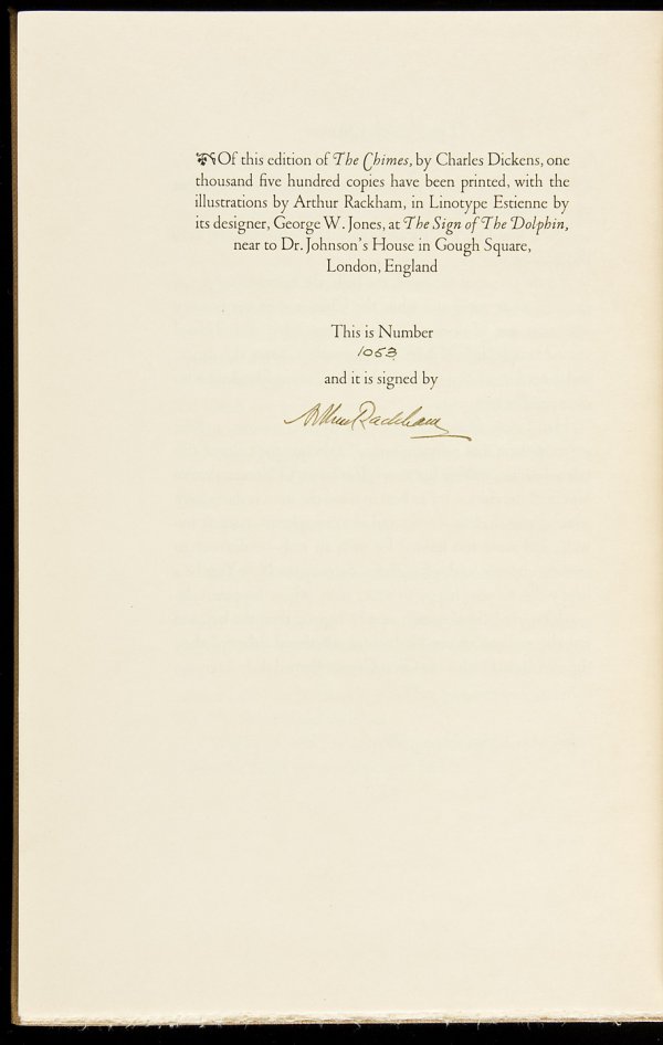 Dickens The Chimes Arthur Rackham Illustrations: Title: The Chimes Author: Dickens, Charles Description: Illustrated by Arthur Rackham, including 6 full-page pictures. 11¼x7½, buckram stamped in black and gilt, top edge gilt; pictorial board slipc