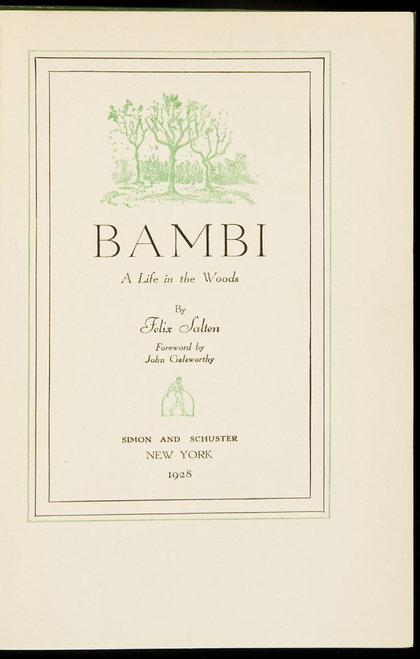 Bambi: A Life in the Woods 1st American Edn: Title: Bambi: A Life in the Woods Author: Salten, Felix Description: 293, [1] ad pp. Foreword by John Galsworthy. (8vo) 8x5½, original green cloth. First American Edition. Heading: Place Published: N