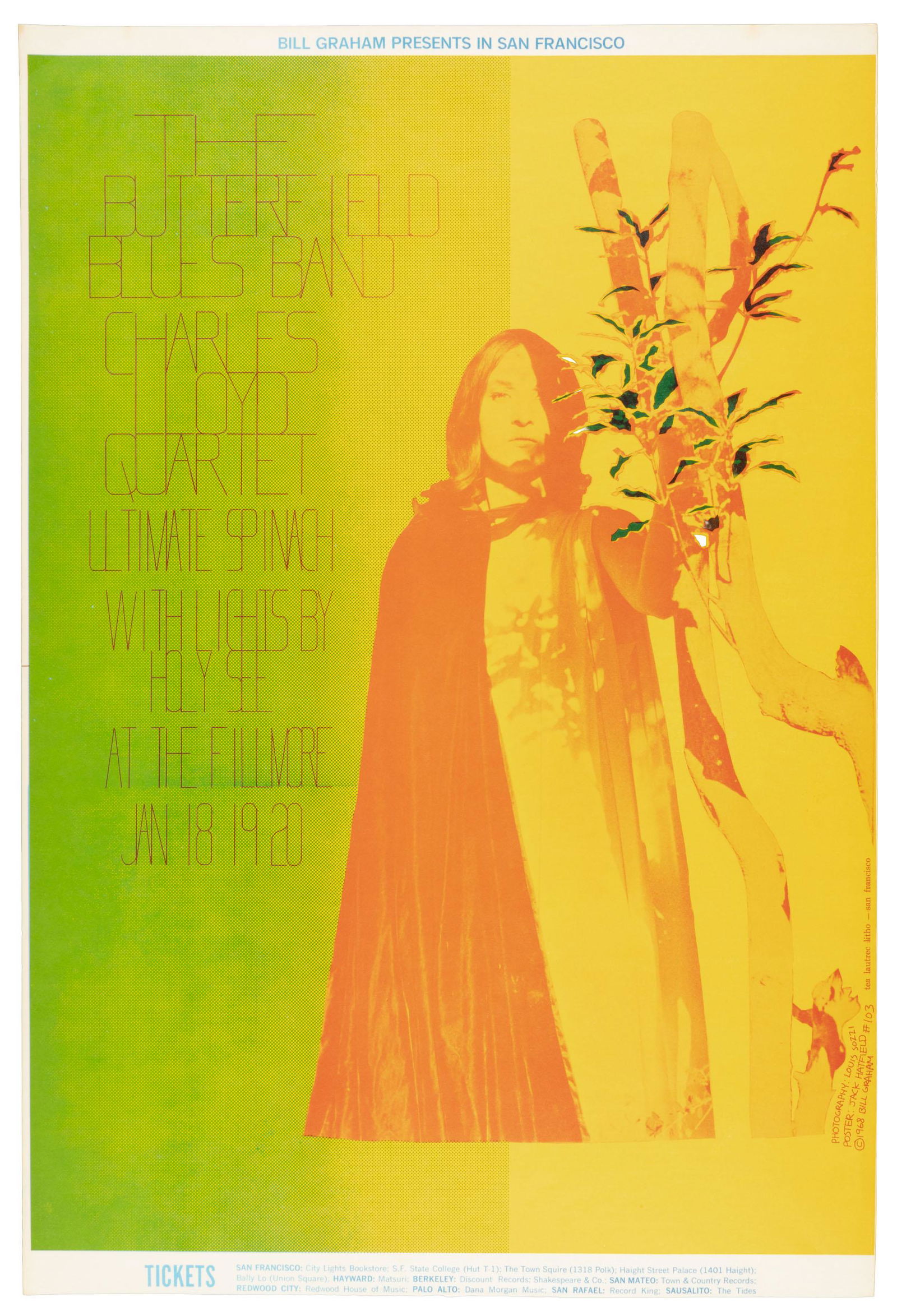 Butterfield Blues Band at the Fillmore, 1968: Heading: (Rock Posters) Author: Hatfield, Jack, artist Title: Bill Graham Presents in San Francisco: The Butterfield Blues Band / Charles Lloyd Quartet / Ultimate Spinach...at The Fillmore... Place Pu