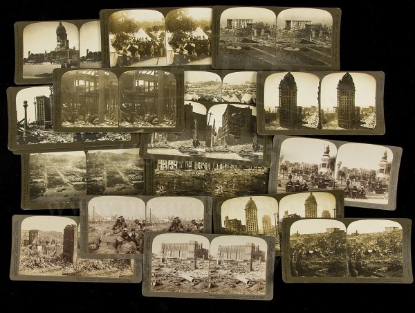 San Francisco Earthquake - 55 Stereo Views: Title: Fifty-five stereo views of the San Francisco Earthquake of 1906 and its aftermath Author: ** Description: On curved mounts, from Underwood & Underwood and H.C. White.San Francisco in ruins, wit