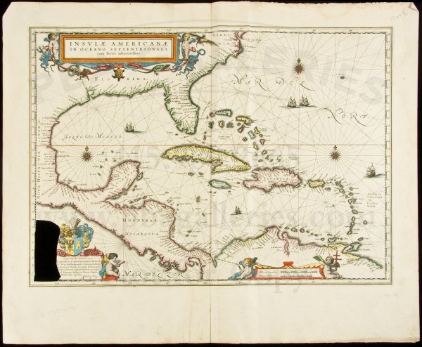 Blaeu map of Caribbean: Title: Insulae Americanae in Oceano Septentrionali, cum Terris Adiacentibu Author: Blaeu, Willem Description: Copper-engraved map, hand-colored in outline. 38x52 cm. (15x20½").The Caribbean islands, 