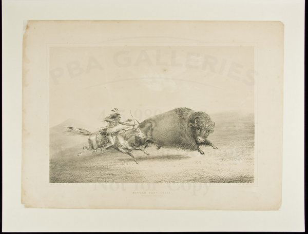 Buffalo Hunt, Chase lithograph by George Catlin: Title: No. 5. Buffalo Hunt, Chase Author: Catlin, George Description: Duotone lithograph. 12¼x17¾ plus margins, sheet size 16¾x22½. Title and imprint in lower margin.Indian on horseback with bow a