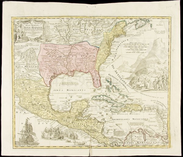 Homann map of New Spain, Louisiana, Colonies: Title: Regni Mexicani seu Novae Hispaniae Ludovicianae, N. Angliae, Carolinae, Virginiae, et Pensylvaniae nec non Insularum Archipelagi Mexicani in America Septentrionali Accurata Tabula ... Author: H