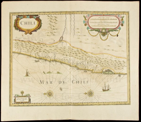 Hondius map of Chile c.1630: Title: Chili Author: Hondius, Henricus Description: Copper-engraved map, hand-colored. 36x48 cm. (14x19").Chile along the west coast of South America, with east at the top, sailing ships and sea monst