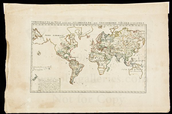 World map showing various tribes & peoples: Title: Vorstellung der Welt nach der Ausbreitung der Vornehmsten Volkerschaften Author: Anonymous Description: Copper-engraved map, hand-colored in outline. 20.5x34.5 cm. (8x13½").German map of the w