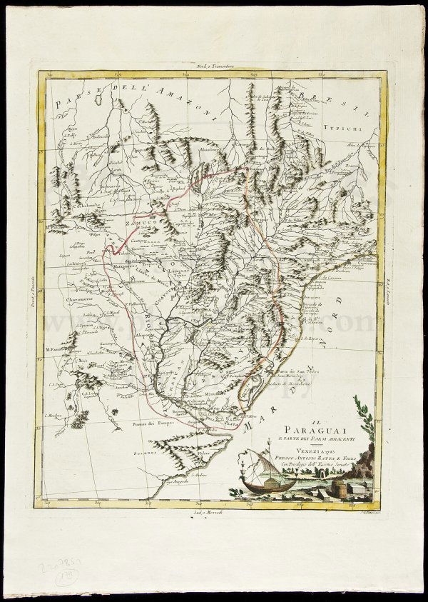 Zatta map of Paraguay 1785: Title: Il Paraguai e Parti dei Paesi Adiacenti Author: Zatta, Antonio Description: Copper-engraved map, hand-colored in outline; colored pictorial cartouche. 39x32 cm. (15½x12½").Paraguay, Uruguay,