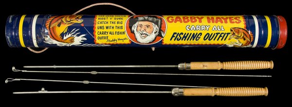 Gabby Hayes Fishing Outfit: Title: Gabby Hayes Fishing Outfit Author: ** Description: Lithographed tin tube with 2 removable endcaps, cloth carrying rope. Contains 2 two-piece rods. Lacking the reel and smaller can of a fishing 