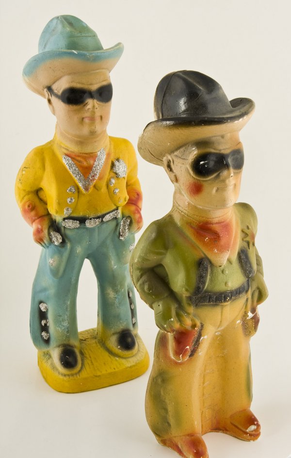 Four Lone ranger chalk carnival figures: Title: Four Lone ranger chalk carnival figures Author: ** Description: Four carnival chalk figures, all the same pose but with variation in size and decoration., Approximately 15" to 16" tall. Heading