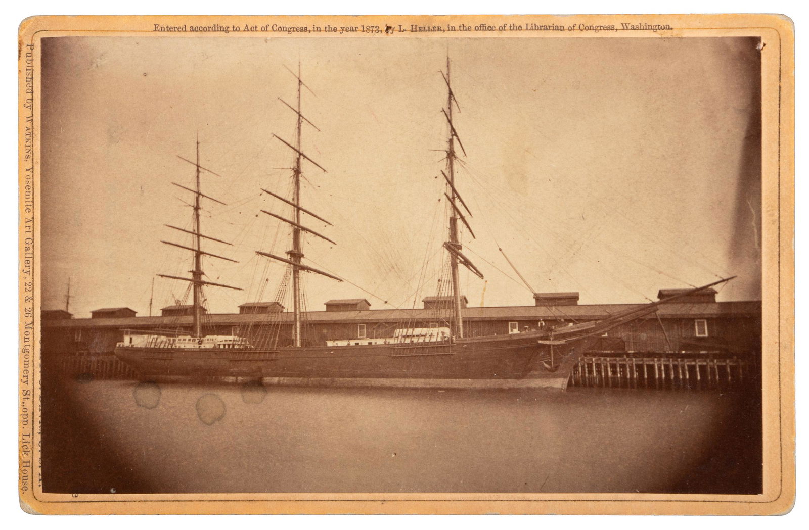 Clipper Sailing Ship At Oakland Wharf 1873: Heading: (Clipper Ships) Author: Heller, L. Title: Clipper Sailing Ship At Oakland Wharf Place Published: San Francisco Publisher:Watkins Yosemite Art Gallery Date Published: 1873 Descr