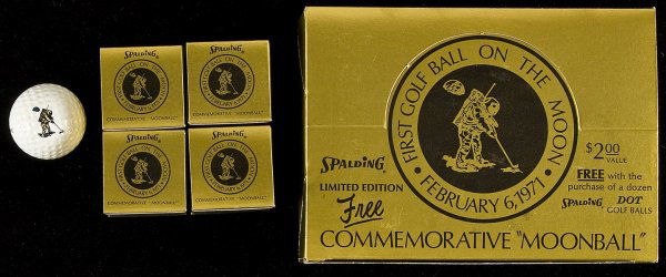 12 commemorative golf balls-on the moon 1971: Title: First Golf Ball on the Moon - set of 12 commemorative golf balls Author: ** Description: Set of 12 Spalding golf balls, each in their own single-ball gold box, and housed within original box.Th