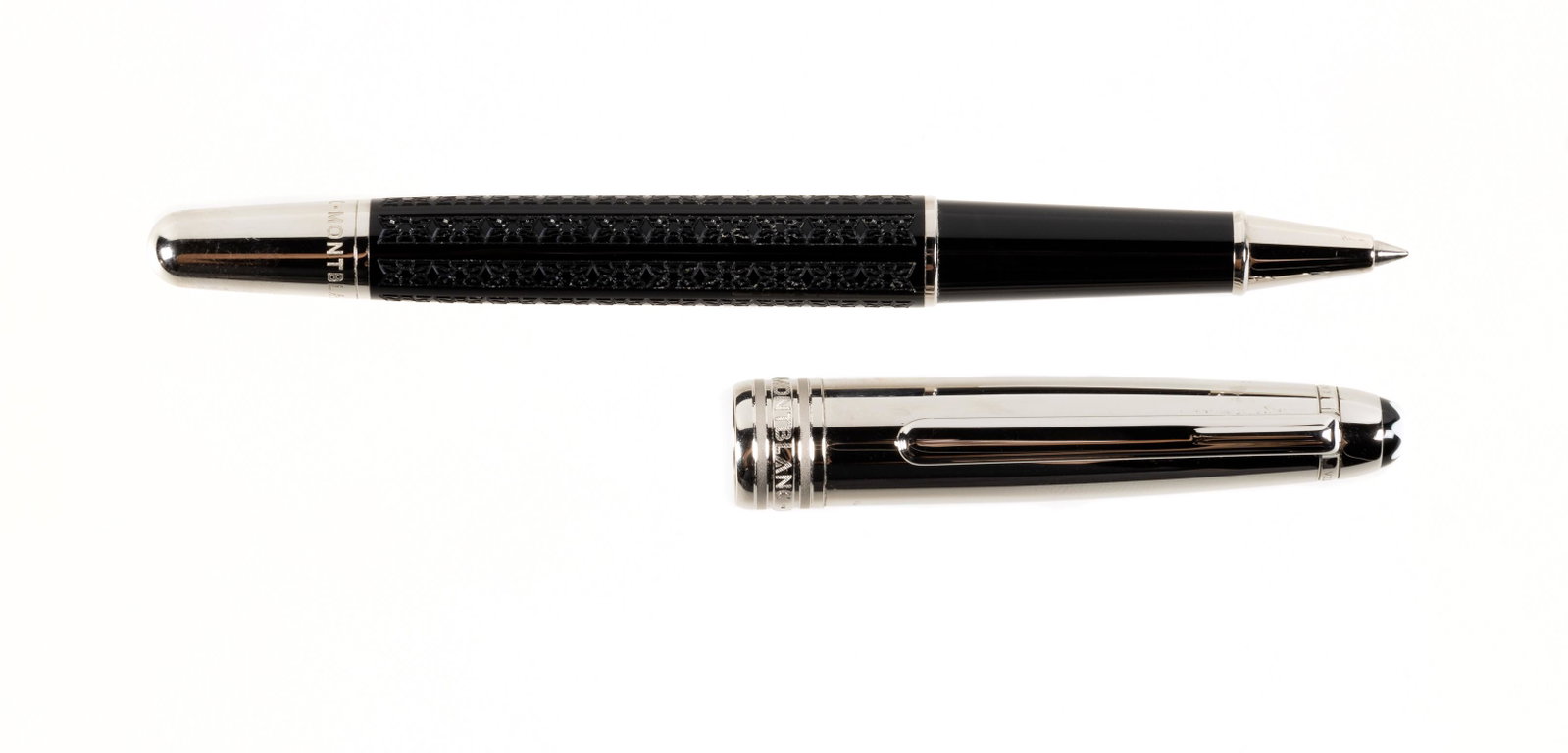 MONTBLANC Meisterstuck RB: Heading: Author: Montblanc Title: Meisterstuck Solitaire Rollerball, Patterned Black Resin, Stainless Steel Cap Place Published: Publisher: Date Published: Description: Meiste