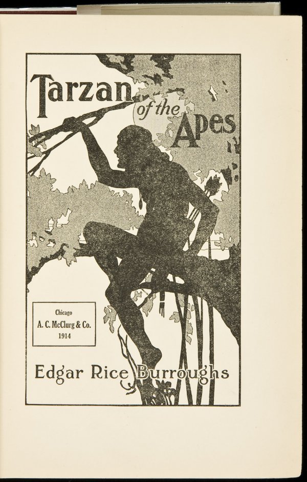 Tarzan of the Apes First Edition: Title: Tarzan of the Apes Author: Burroughs, Edgar Rice Description: Title-page illustration by Fred J. Arting. Red cloth lettered in gilt on front cover & spine. Facsimile jacket provided. First Edit