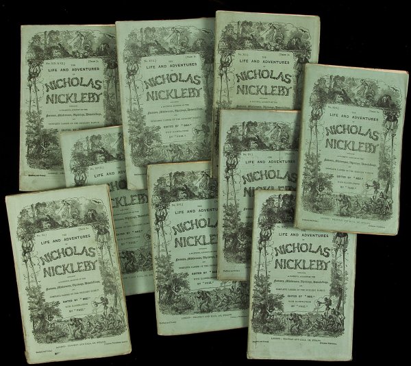 Nicholas Nickleby in parts by Dickens 1838-39: Title: The Life and Adventures of Nicholas Nickleby Author: Dickens, Charles Description: 20 parts in 19. Illustrated with 40 plates, 39 of them designed and etched on steel by Hablot K. Browne (Phiz)