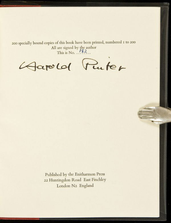 Harold Pinter Poems Signed Limited Edition: Title: Poems Author: Pinter, Harold Description: [viii], 24, [3] pp. Errata slip laid in. (8vo) 7½x6, red morocco-backed black cloth, spine lettered in gilt. No. 182 of 200 copies.Signed by Pinter at