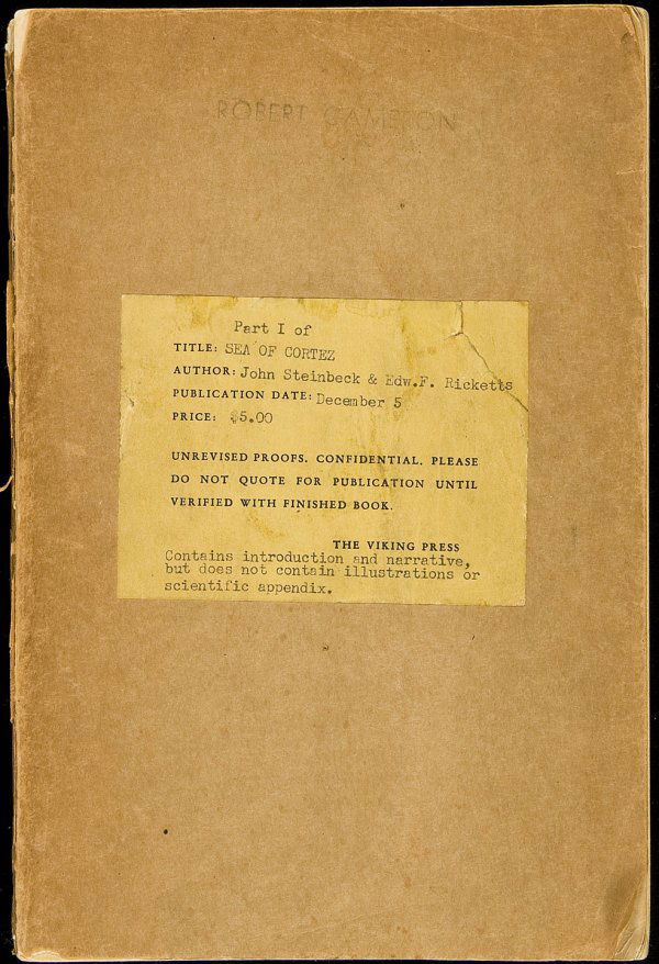 Advance Proof of Steinbeck's Sea of Cortez: Title: Sea of Cortez: A Leisurely Journal of Travel and Research... Author: Steinbeck, John and Edward F. Ricketts Description: x, 277 pp. 9¼x6, original brown paper wrappers, printed yellow paper co