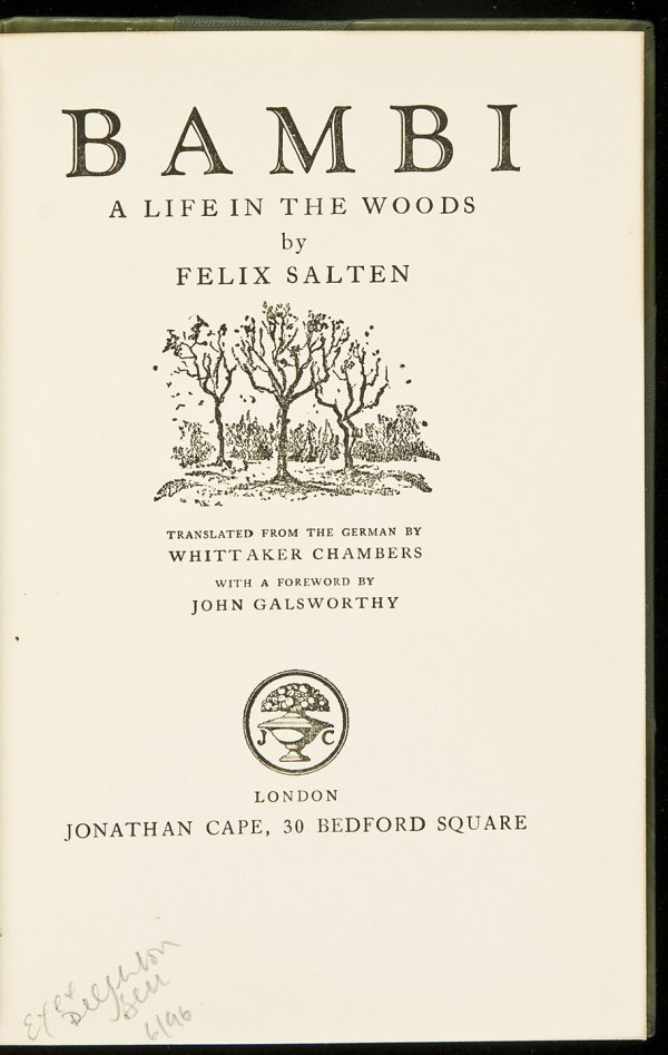 Bambi First English Edition Finely Bound: Title: Bambi: A Life in the Woods Author: Salten, Felix Description: [viii], 209 pp. (8vo) modern green half calf and cloth, spine gilt, top edge gilt. First English Edition. Heading: zzcPlace Publish