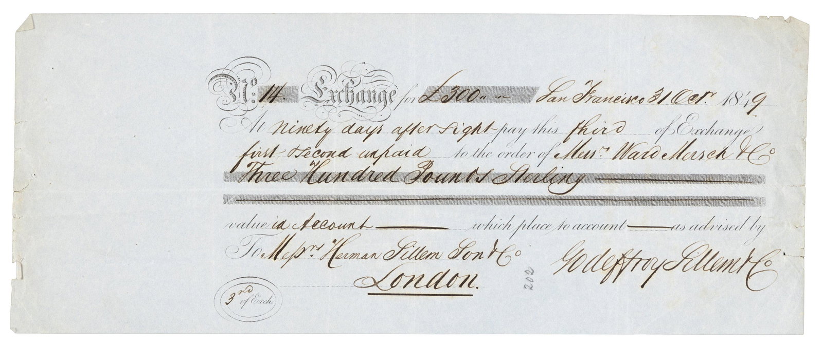 Earliest known Gold Rush bill of exchange, S.F. 1849 (1 of 4)