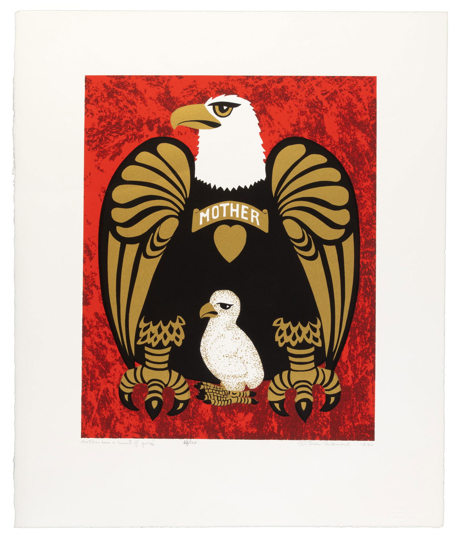 Dale DeArmond screen print, 1/100: Heading: Author: DeArmond, Dale Title: Mother has a Heart of Gold Place Published: Juneau Publisher: Date Published: 1980 Description: Serigraph. 55.5x46 cm (22x18"). No. 62 of