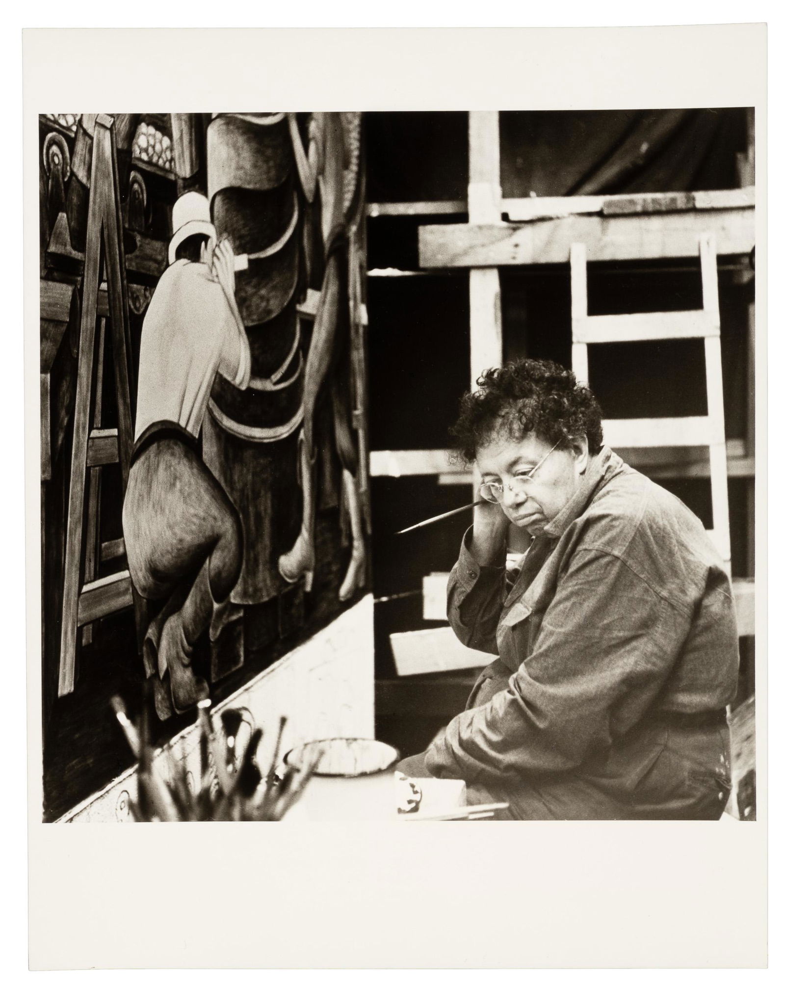 With caption by Emmy Lou Packard on verso: Heading: (Rivera, Diego) Author: [Niendorf, Arthur] Title: [Diego Rivera on Scaffold GGIE mural 1940] Place Published: No place Publisher: Date Published: 1940; print:1980's? Descriptio