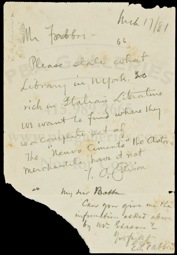 Autograph Letter Signed T.A. Edison: Title: Autograph Letter Signed T.A. Edison, to his lab assistant E.P. Fabbri Author: Edison, Thomas Alva. 1847-1931. Description: 15 lines, in pencil, on 8½x6 sheet of plain paper.The great American 