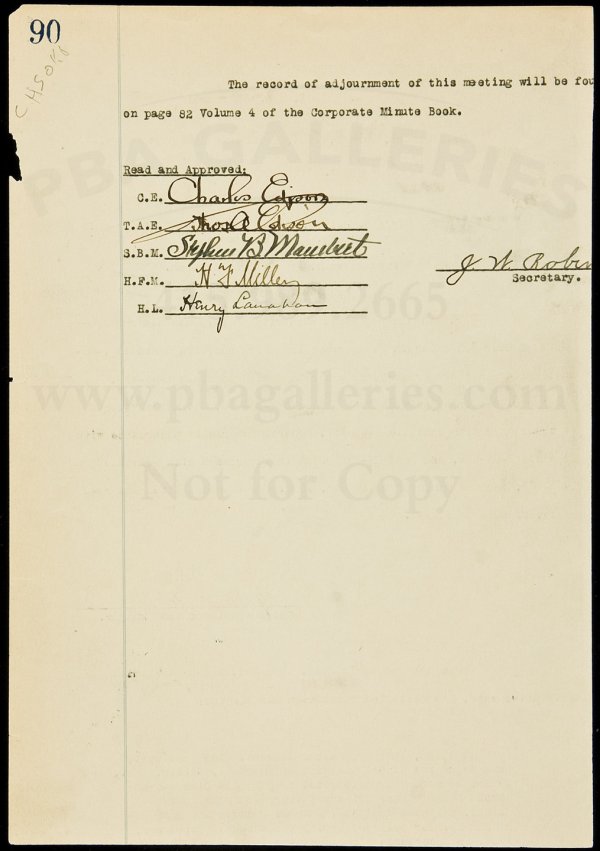 Typed Document Signed by Thomas Edison: Title: Typed Document Signed by Edison Author: Edison, Thomas Alva. 1847-1931 Description: On both sides of single sheet 9½x7.Minutes of a Meeting of the Board of Directors of Thomas A. Edison, Inc. 
