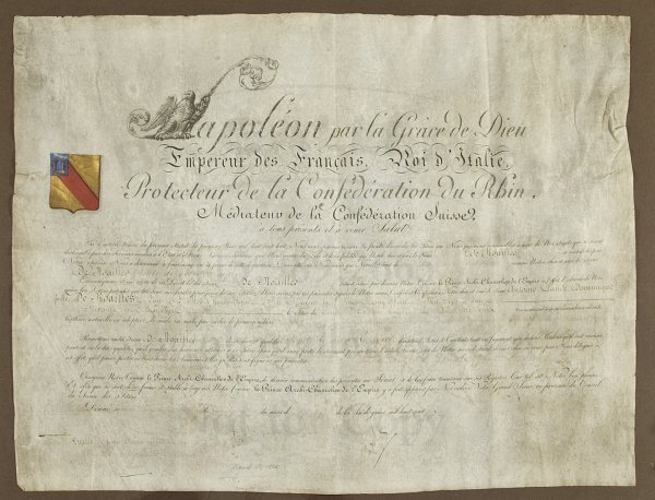 Document Signed by Napoleon, on vellum: Title: Document Signed by Napoleon, appointing Antoine Claude Dominique Juste de Noailles as a Count of the Empire Author: Napoleon Bonaparte. 1769-1821. Description: Engraved document on vellum, fill