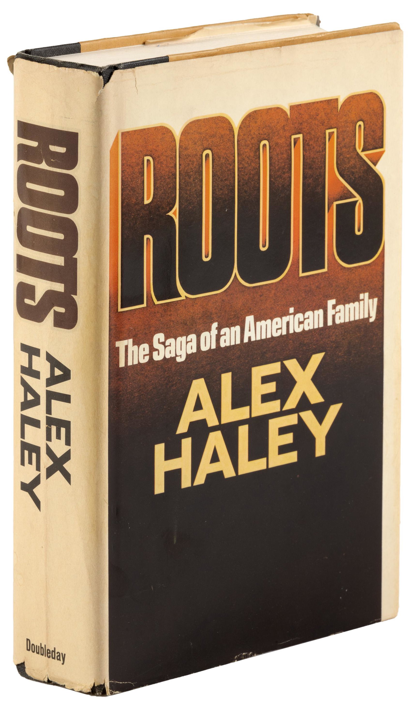 Roots by Alex Haley, inscribed w/ photo: Heading: Author: Haley, Alex Title: Roots Place Published: Garden City, NY Publisher:Doubleday Date Published: [1976] Description: Black cloth-backed boards, gilt-lettered spine